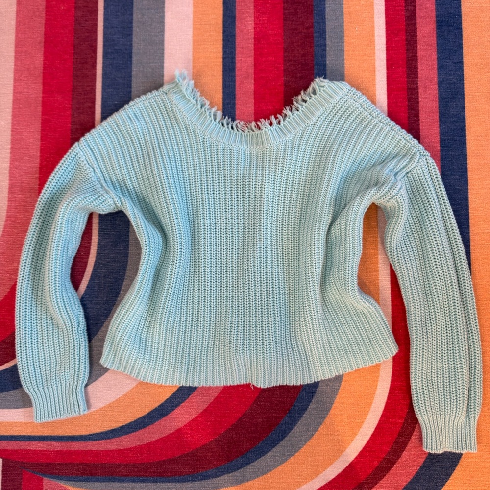 525 America Fringed Sky Blue Sweater